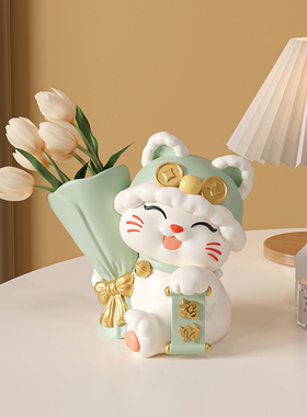 速发创意捧花招财猫品厅摆件家居玄关电视柜桌面居饰客乔迁新装小