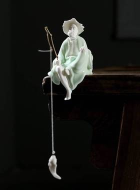 姜太公钓鱼摆件高档禅意陶瓷渔翁老头水族箱鱼缸造景流水器装饰品