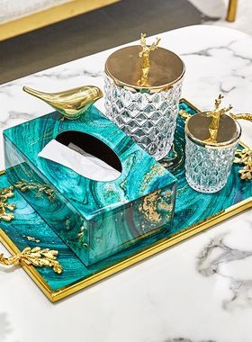 北欧轻奢金边框玛瑙纹大理石纹玻璃金属托盘 家居客厅收纳摆件
