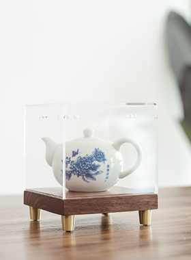 亚克力防尘罩黑胡桃木底座摆件托盘底托带铜脚P工艺品观赏实木托