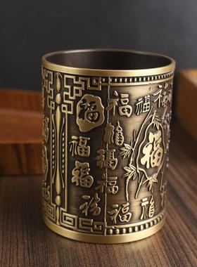 黄铜精雕百福笔筒办公室创意桌面纯铜摆件书房金属工艺品铜器