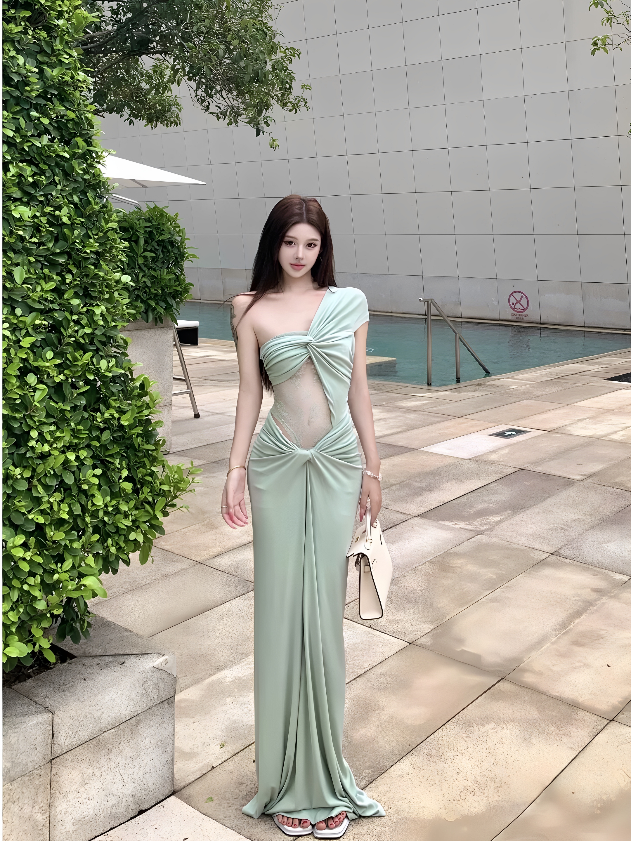 茉丽辣妹蕾丝拼接收腰连衣裙2025夏扭结露肩鱼尾包臀长裙性感裙子 - 图3