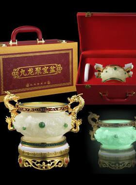 厂家直销九聚龙宝盆可旋宝转摆件会销礼聚盆铜器品夜光玉ODX石装