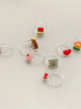 趣味卡通猫咪爱心小花冰淇凌爱心 树脂戒指甜美情侣百搭透明戒子