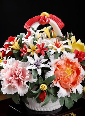 《花开富贵》陶瓷非遗手工花篮高档会所酒店客厅玄关装饰乔迁摆件