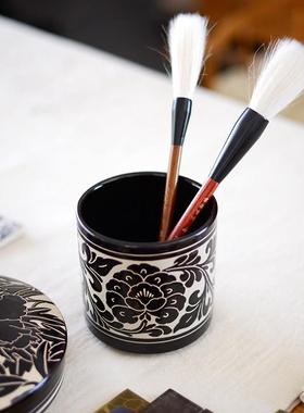 磁州窑收纳毛笔笔筒陶瓷艺术品摆设文房四宝复古笔筒中式创意文具