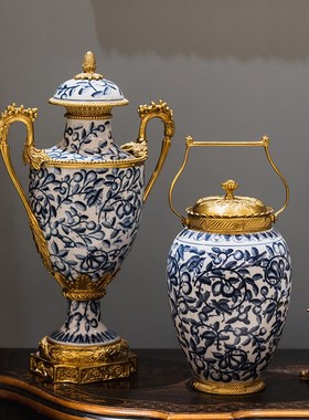 速发复边档奢玄关酒柜餐古柜装饰品摆件客厅黄铜古典高轻