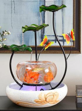 桌面小型金鱼缸玻璃圆形创意循环自动流水喷泉摆件装饰客厅加湿器