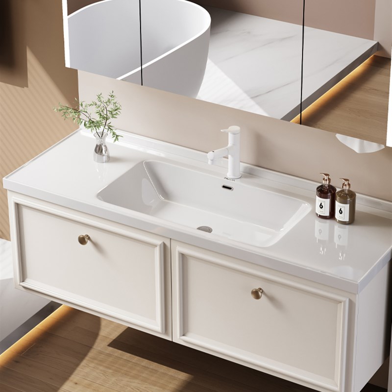 四季沐歌法式奶油风橡胶木浴室柜组合陶瓷一N体盆洗手脸盆池洗漱 - 图2