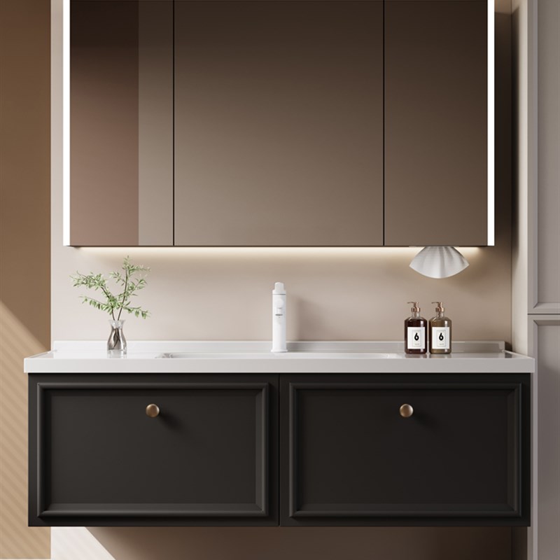 四季沐歌法式奶油风橡胶木浴室柜组合陶瓷一N体盆洗手脸盆池洗漱 - 图1