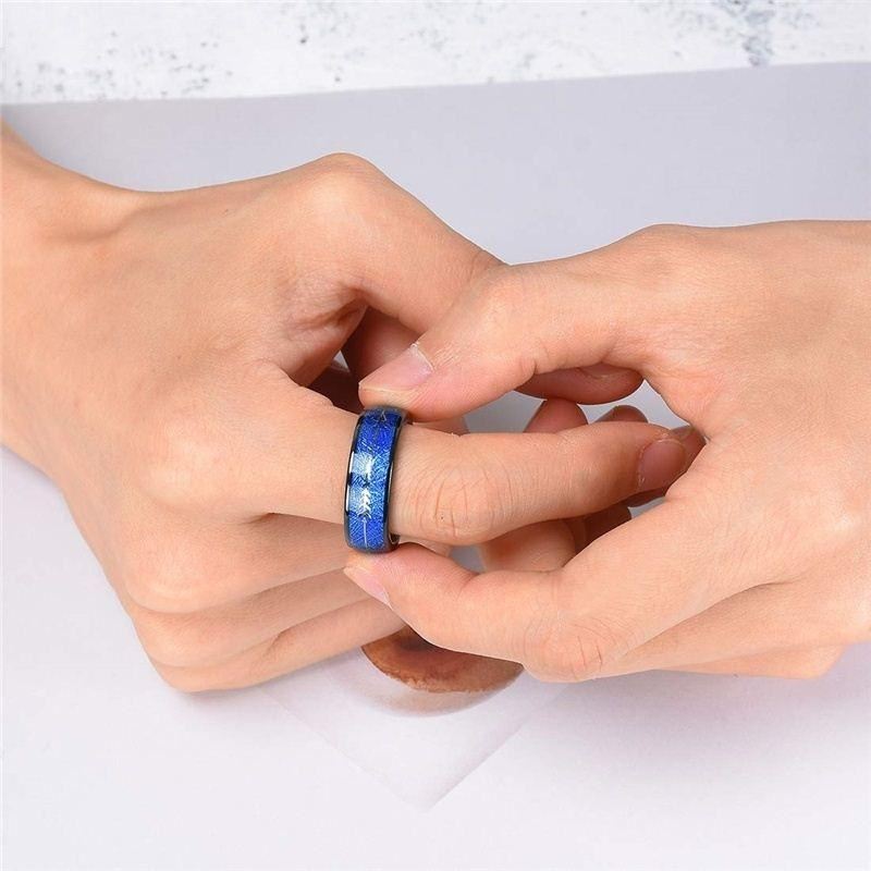 推荐8mm Blue Fashion Men Rings Tungsten Carbide Ring Inlay A - 图0