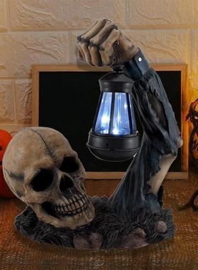 新款万圣节装饰摆件骷髅头提灯树脂工艺品家居户外装饰品摆件