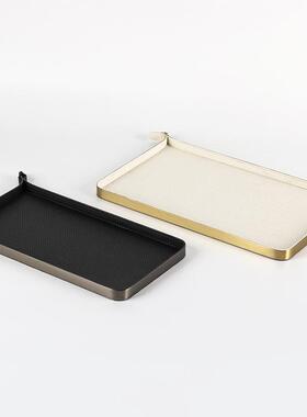 轻奢意式皮革托盘摆件样板房售楼处创意不规则长方形收纳盘装饰品