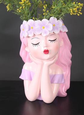 女孩仙女花器创意多肉花盆小清新花瓶客厅电视柜干花装饰树脂摆件