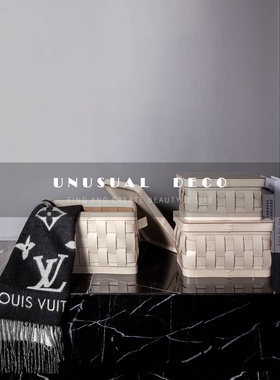 现代轻奢米色编织皮圆形方形收纳篮卧室衣帽间饰品样板房间摆件