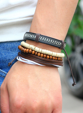 浙江义乌小商品城 真皮手錬木珠编织手錬小饰品创意地摊热卖