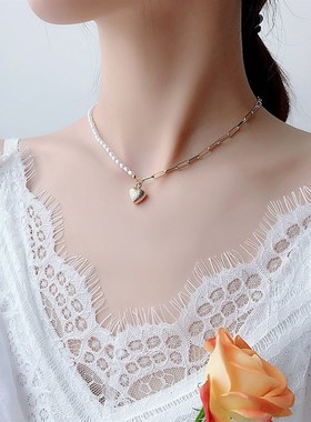 气质简约条立体质感爱心项链女一半珍珠一半链个性时尚法式锁骨链