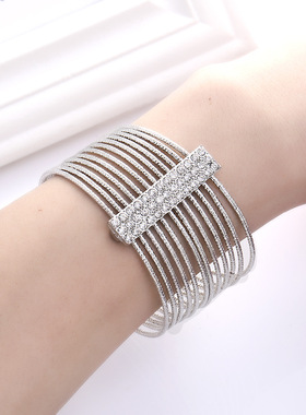 欧美潮流饰品 手镯 金属质感多层手镯 时尚百搭镶钻手环手饰品