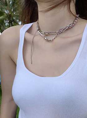 欧美夏日甜酷超仙唯美镶钻链条流苏缠绕双层叠戴项链女性感锁骨链