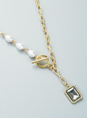 ins时尚小众设计方形合金镶钻项链女 冷淡风网红热卖简约珍珠项链