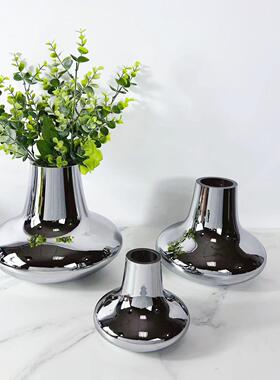 北欧简约餐桌银色玻璃花瓶装饰品售楼部样板房间茶几玄关花器