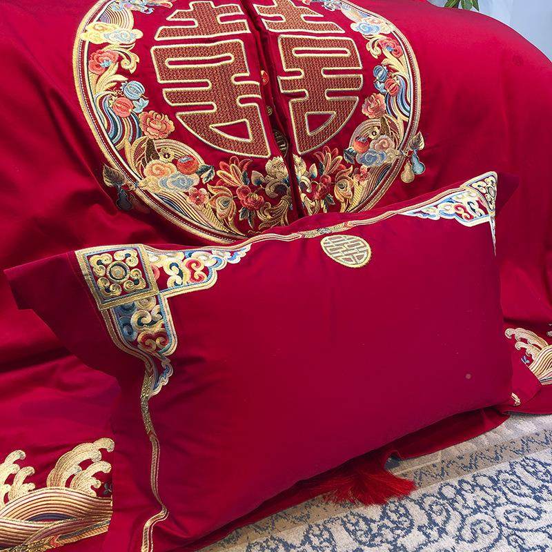 婚庆家新纺嫁全棉刺喜绣贡缎H1108提花四件套结婚床上用品娘妆被,淘宝优惠券,粉丝福利购,淘宝优惠卷