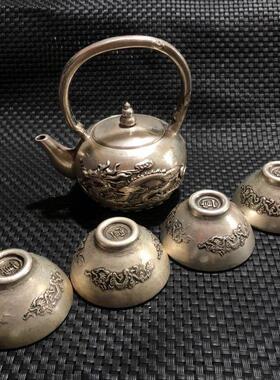 古玩杂项仿古做旧老白铜镀银打造茶杯茶壶一套