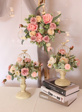 小清新仿真e花花艺鸟笼盆栽摆件婚礼签到台桌花套装家居桌面装饰