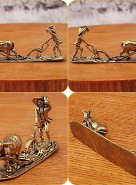 黄铜老农与牛古老乡村农作农夫耕牛摆件桌面装饰小铜器金属工艺品