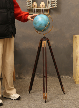 美式复古铁艺落地地球仪望远镜摆件轻奢高档客厅S书房家居装饰道