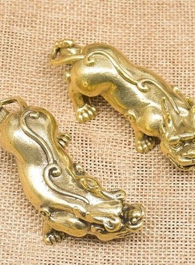 实心纯黄铜一对貔k貅茶宠做旧桌面复古转运貔貅摆件个性手把件