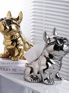 轻奢客厅装饰摆件家居饰品茶几电视柜创意可爱法斗狗纸巾盒北欧风