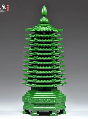 绿色桃木雕刻13层文昌塔摆件木质十三层九层文昌塔客厅书桌工艺品