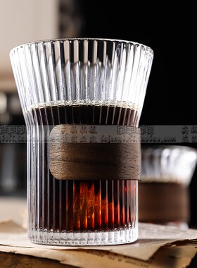 高颜值挂耳式冰咖啡杯美式专用拿铁杯防烫玻璃杯竖纹泡茶杯子家用