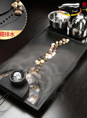 整块乌金石茶盘家用客厅办公室茶台全自动电磁炉雾化流水茶具套装