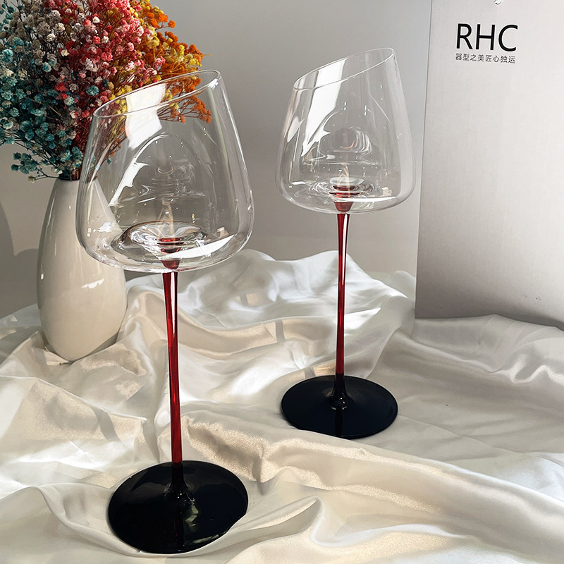 45度斜口高档黑k领结勃艮第红酒杯大肚轻奢水晶玻璃轻奢高颜值细,淘宝优惠券,粉丝福利购,淘宝优惠卷