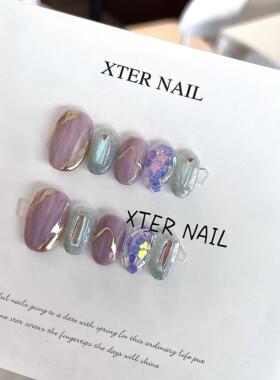 温柔复古亮片穿戴美甲成品小清新紫色手工显白假指甲贴片短款甲片