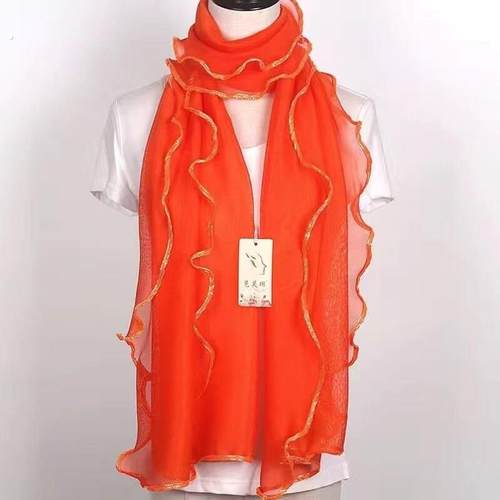 围巾女荷叶边亮丝纯色蕾丝丝巾时尚百搭女士红色民族风洋气薄款 - 图3