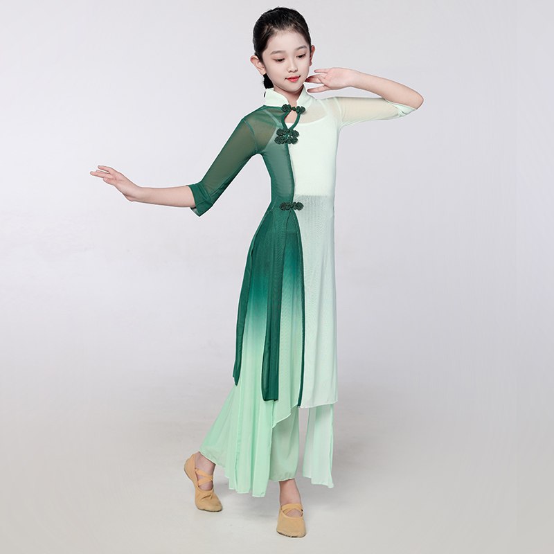 儿童古典舞蹈服飘逸纱衣女童表演练功服民族旗袍服装扇子舞演出服 - 图2
