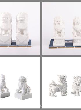 新中式白色砂岩树脂狮子摆件家居玄关办公室软装样板房禅意工艺品