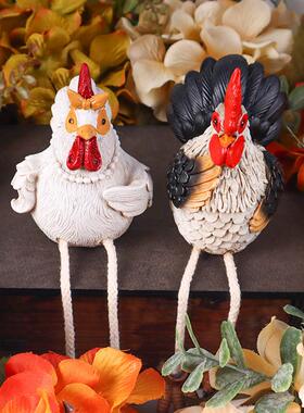 创意家居桌面可爱装饰吊脚公鸡母鸡摆件树脂工艺品雕像