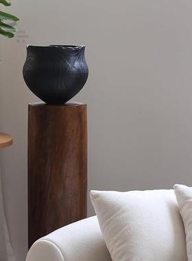 形上中古风实木墩底座圆形柱子雕塑台民宿客厅沙发侧装饰品花器