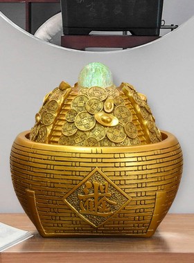 中式招财聚宝盆流水生财摆件循环水客厅办K公室桌面风水轮开业乔