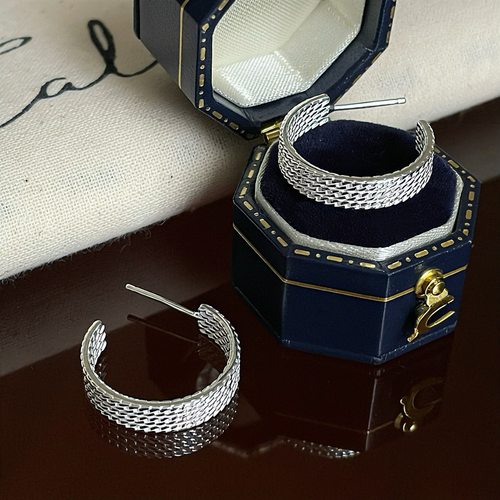 纯银编织开C形耳环简约ins麻花耳钉小众气质百搭高级感轻奢 - 图2