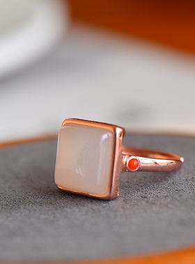 s925银镶和田玉方形素银戒指