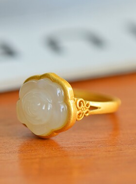 s925银镶和田白玉玫瑰花戒指