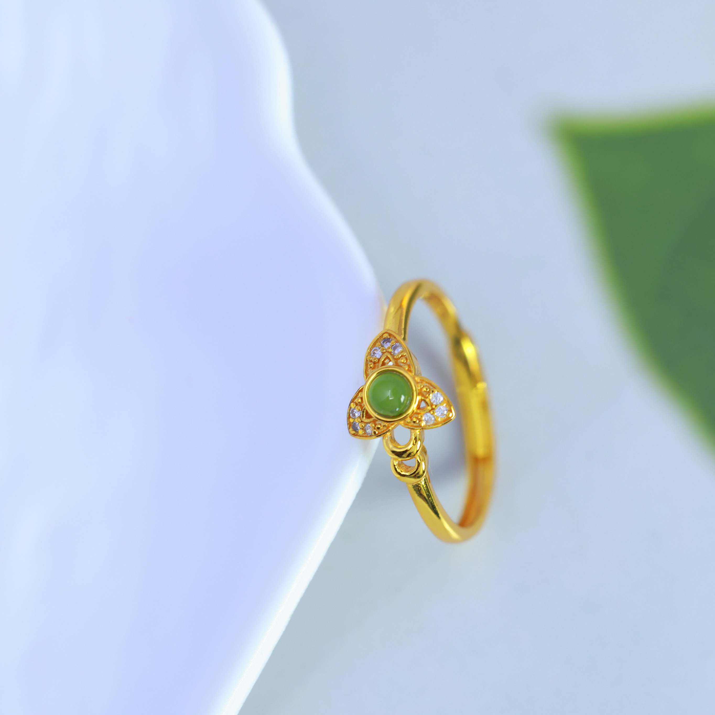 S925 silver inlaid Hetian jade jasper apple green ring 11196