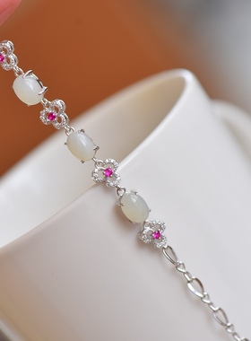 s925银镶和田玉蛋面手链