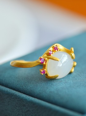 s925银镶和田玉蛋面戒指