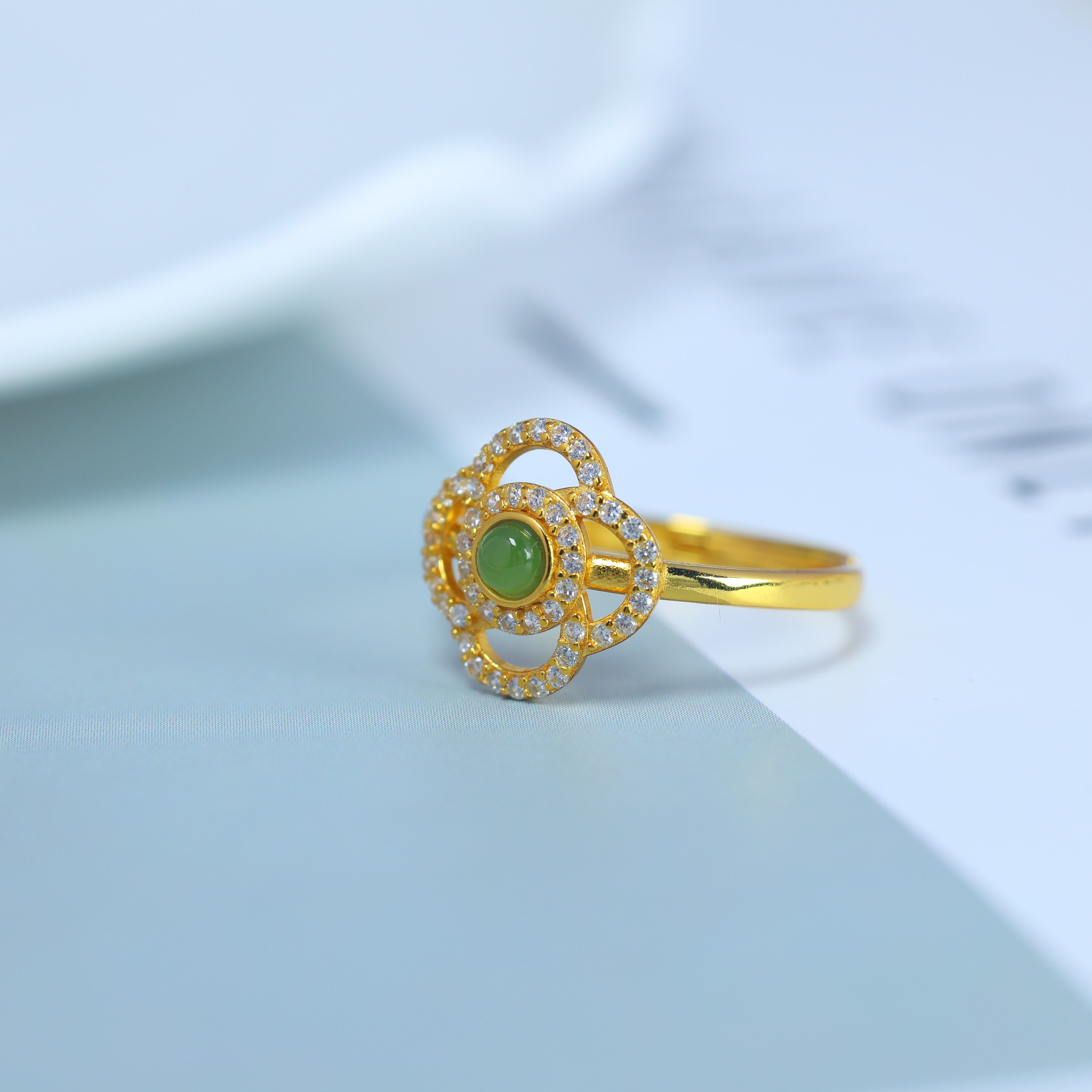 S925 silver inlaid Hetian jade jasper hollow ring 11110